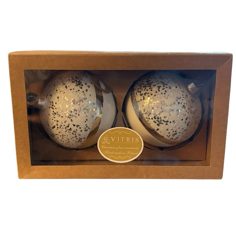 VITBIS Christmas Ornaments White & Silver Frosted‎ Glitter Handcrafted In Poland